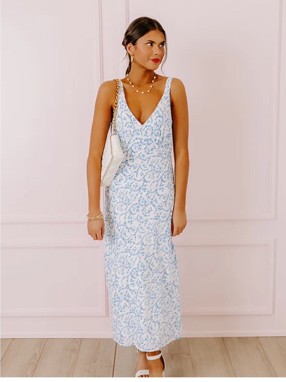 Olivaceous White Maxi Dress with Light Blue Floral Print